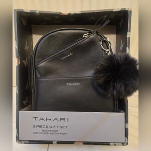 Tahari 3 Pc Gift Box Black Vegan Backpack, Zip Pouch & Pom Accessory. New in box